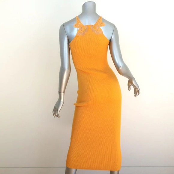 Self-Portrait Inserted Lace Knit Midi Dress Canary Yellow Size Small NEW - Picture 5 of 7